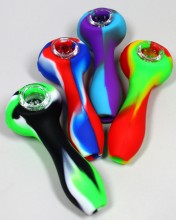 3.5 Silicone Hand Spoon Pipe w/Glass Bowl & Cap -Mardi Gras Skull Des