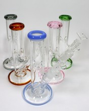 8'' 5mm Thick Straight Tube Colored Rim GoG Water Pipe (Down Stem With Bowl)